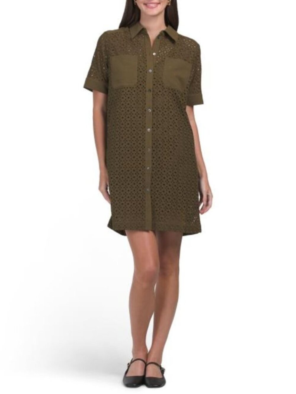 ELIE TAHARI Linen Blend Elbow Sleeve Collar Button Down Eyelet Mini Shift Dress